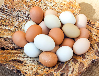 High angle view of eggs on table