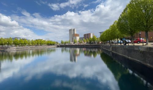 Reflection of buildings in lake