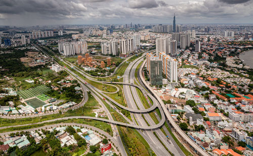 High angle view of street amidst buildings in city