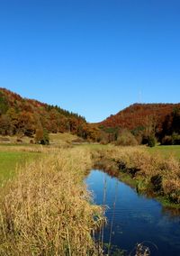 Scenic view of lake against clear blue sky