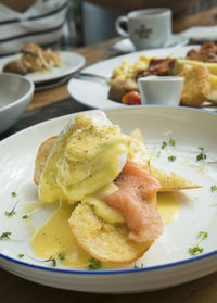 High angle view of breakfast served in plate