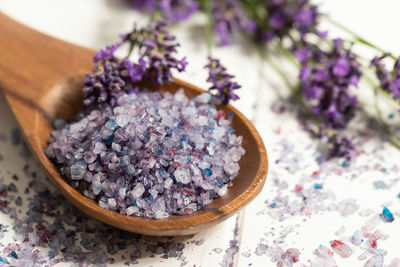 High angle view of lavender on table