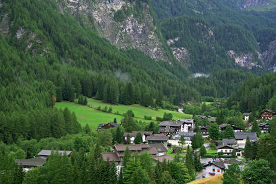 High angle view of townscape against mountain