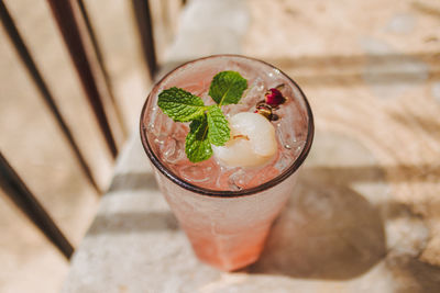 High angle view of drink on table