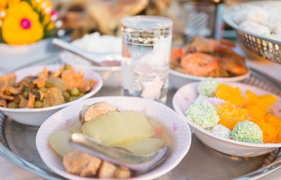 Food and water on the table.