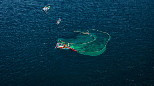 High angle view of ship in sea