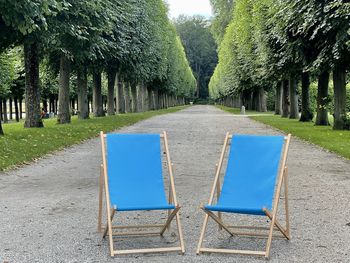 Empty chairs on footpath amidst trees