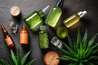 Close-up of beauty products on table