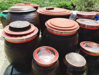 High angle view of urns for sale at market