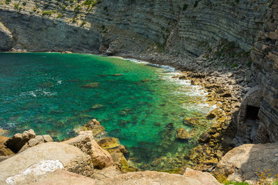 Panoramic view of ses balandres bay , north coast of ibiza island