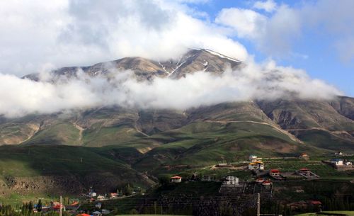 Scenic view of mountains against cloudy sky