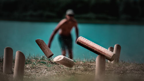 Close-up of figurine by lake