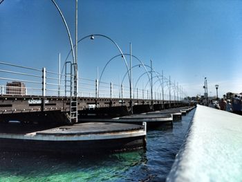 Boats moored at harbor against clear blue sky