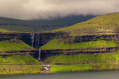 Scenic view of landscape by river against sky