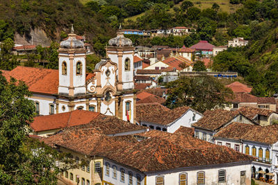 High angle view of buildings in town