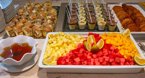 High angle view of fruits in plate on table