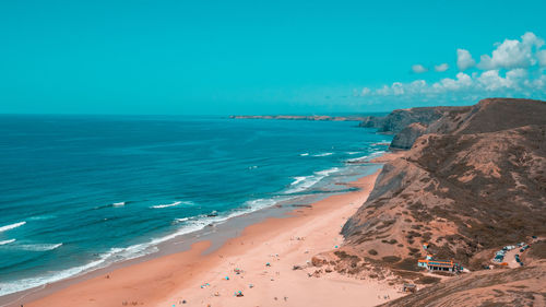 Scenic view of sea against clear blue sky