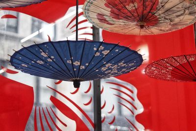 Close-up of umbrellas hanging outdoors