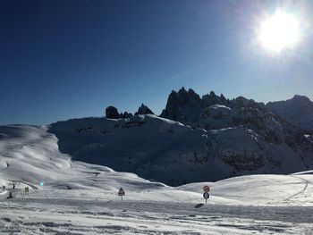 Tre cime, snowcapped mountain against sky during winter