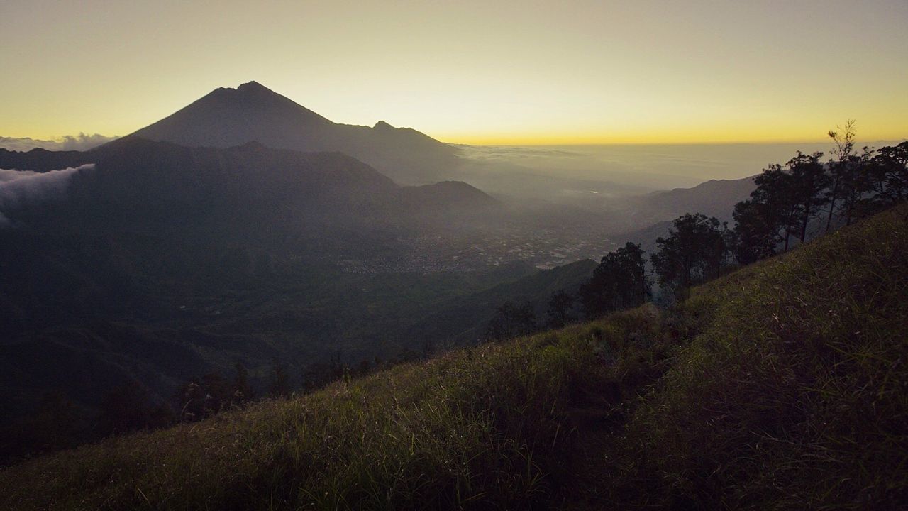 SCENIC VIEW OF MOUNTAINS AGAINST CLEAR SKY AT SUNSET