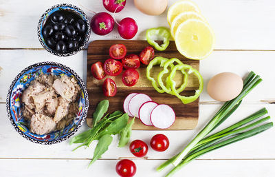 High angle view of breakfast on table