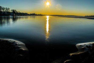 Scenic view of lake against sky at sunset