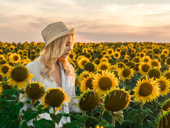 Woman on sunflower field