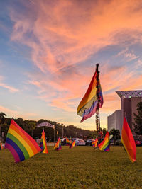 Multi colored flags on field against sky during sunset