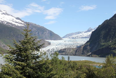 Scenic view of mountains and lake against sky