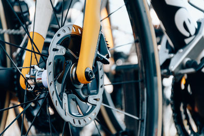 Close-up photo of front brake rotor or disc on professional racing bicycle.