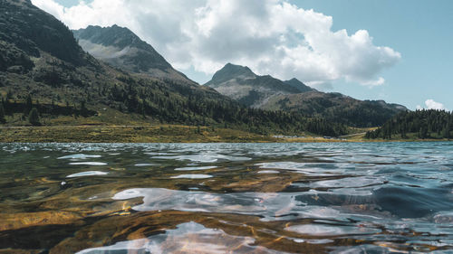 Scenic view of lake and mountains against sky