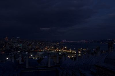 High angle view of city lit up at night