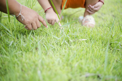 High angle view of boy playing with ball on grass