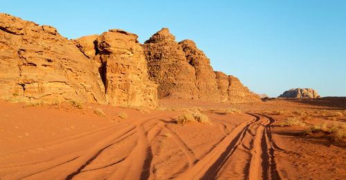 Rock formations in desert against clear sky