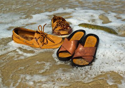 High angle view of shoes on beach