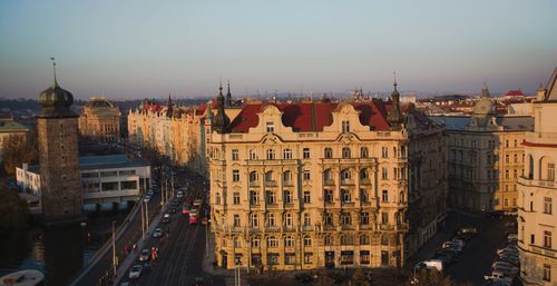 High angle view of buildings in city against sky