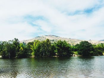 Scenic view of lake by trees against sky