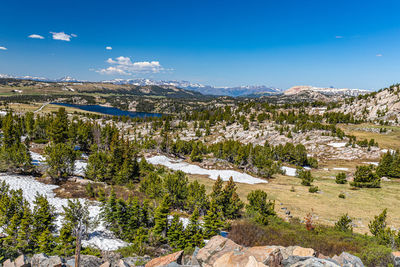 High angle view of snowcapped mountains against sky