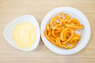 High angle view of food served on table