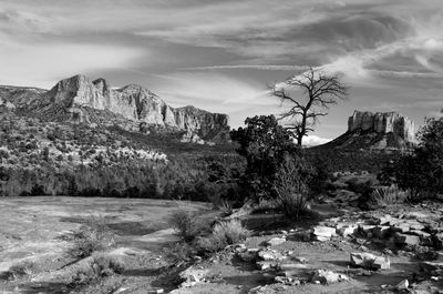 Scenic view of landscape and mountains against sky