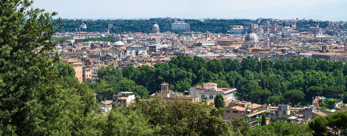 High angle view of townscape and trees in city