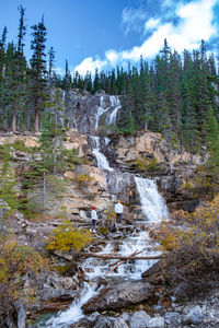 Scenic view of waterfall in forest against sky