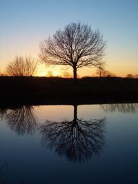 Silhouette bare tree by lake against sky during sunset