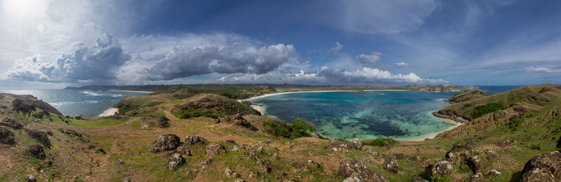 Panoramic view of bukit merese or merese hill against blue sky, tanjung ann beach, kuta, lombok