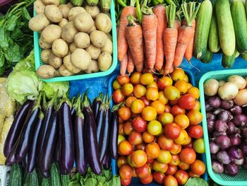High angle view of vegetables for sale at market stall
