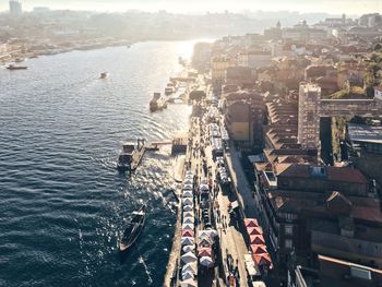 High angle view of people on boats in river