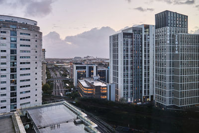 Cardiff cityscape with train tracks and skyscrapers 