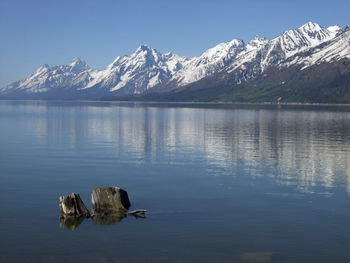 Scenic view of lake by snowcapped mountains against clear sky
