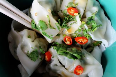 High angle view of chinese dumplings in bowl