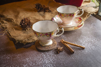 Close-up of tea cup on table